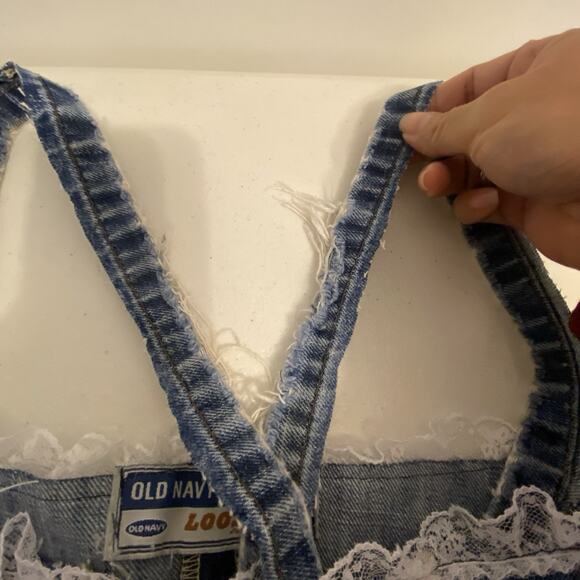 VTG OldNavy BlueDenim LaceTrim Corset Coquette Babydoll Handmade Up cycle L/XL - Picture 5 of 13